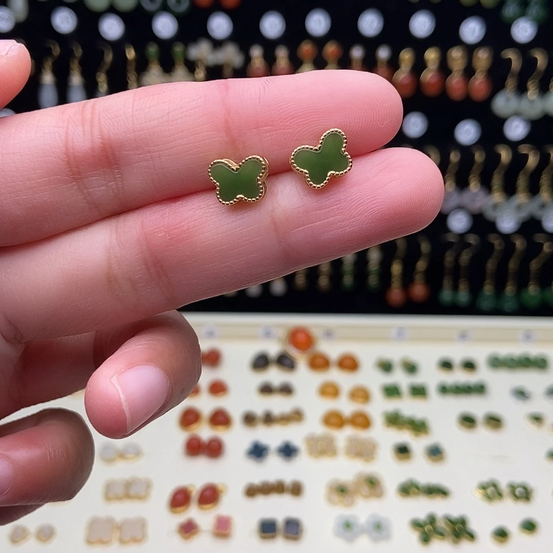 和田玉银S925镀金镶嵌耳饰