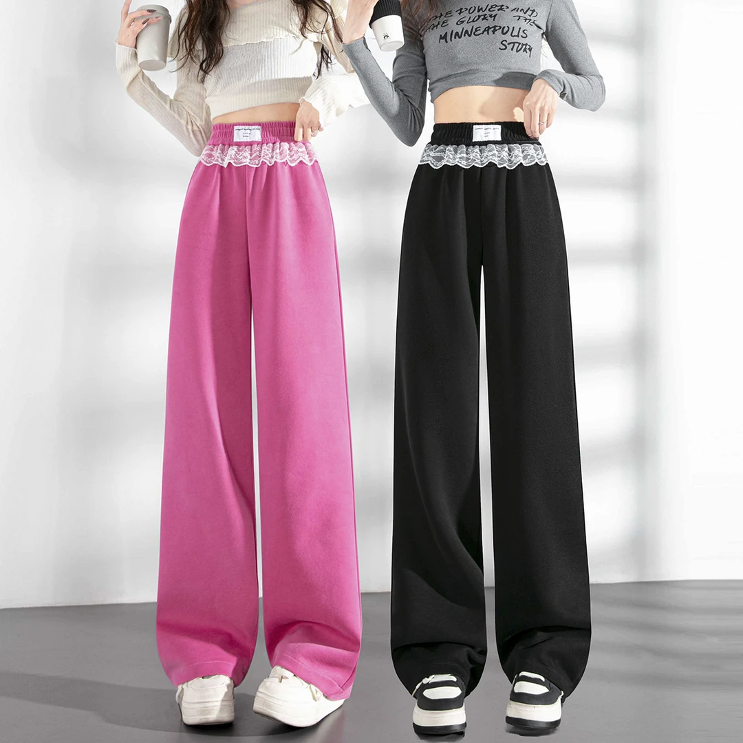 蕾丝拼接阔腿裤女春秋季新款休闲运动卫裤小个子慵懒风直筒裤子