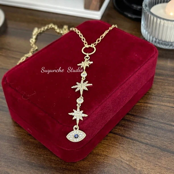 铜合金项链 Suyunche2337轻奢时尚浅金色流苏Y字眼睛吊坠项链