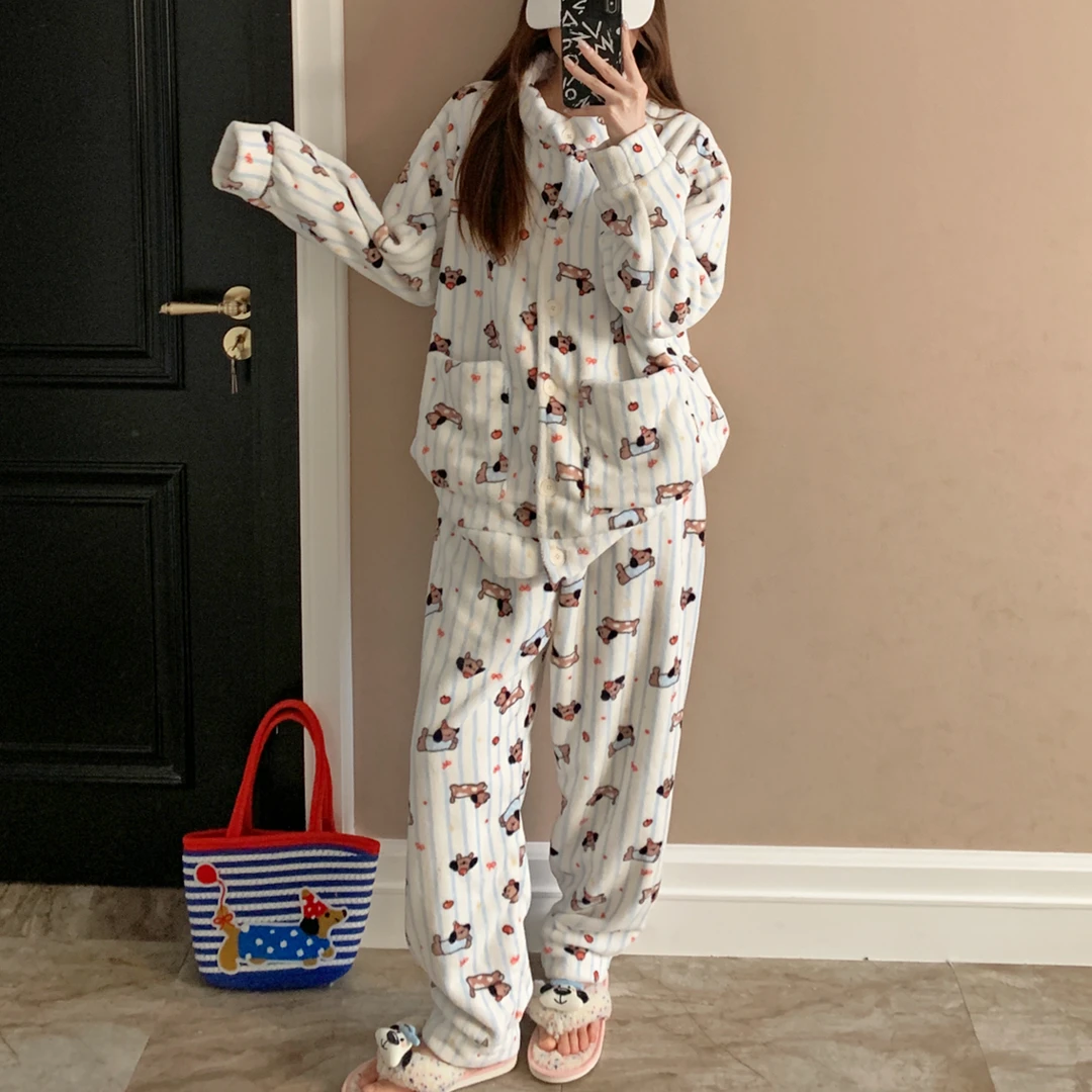 珊瑚绒睡衣女秋冬季大码加厚2025新款小狗套装法兰绒可外穿家居服