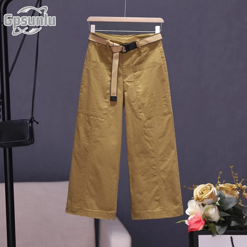 gpsunlu配腰带阔腿裤女夏季九分休闲裤宽女士天丝棉高腰腰带阔腿
