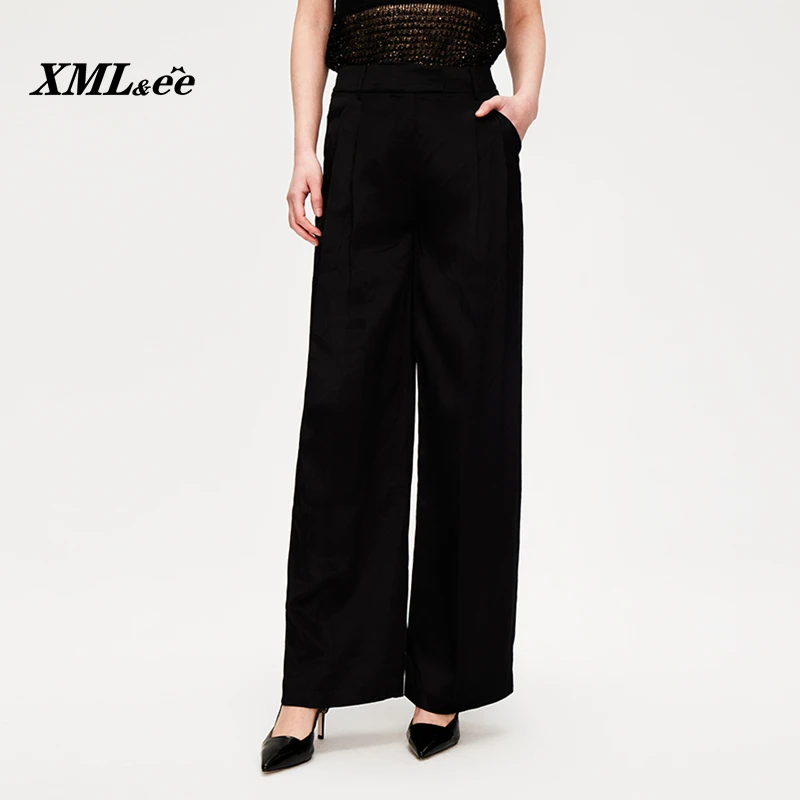 XMLee艾米尔 黑色高腰桑蚕丝休闲百搭梭织裤 X423K4275