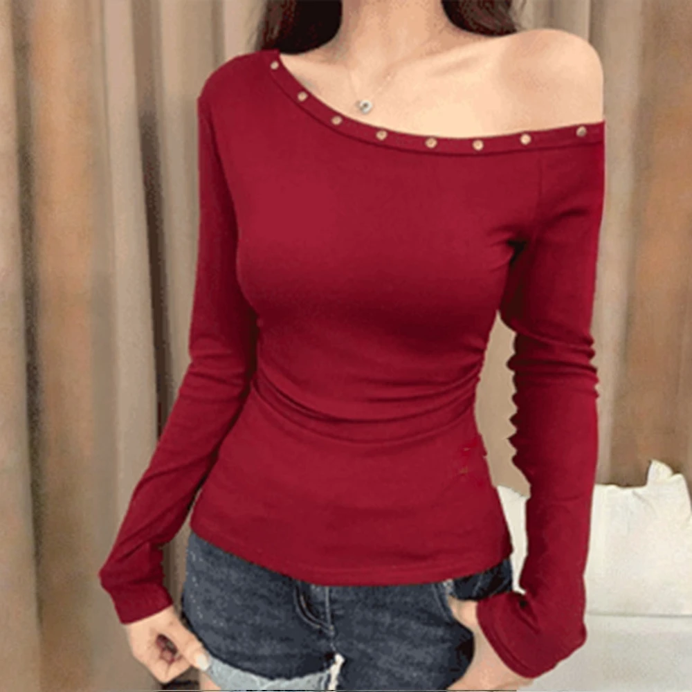 棉2025新款韩版气质斜肩显瘦褶皱设计感铆钉辣妹长袖T恤女上衣潮