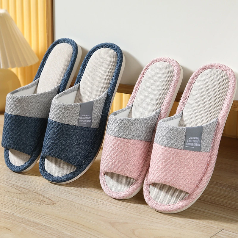 新款四季拼接居家男女情侣亚麻拖鞋家居厚底室内木地板月子鞋