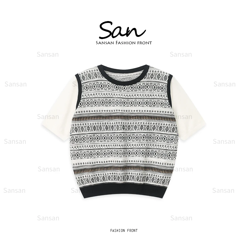【SANSAN】复古拼色轻奢气质显瘦拼接撞色极简上衣DY-80059