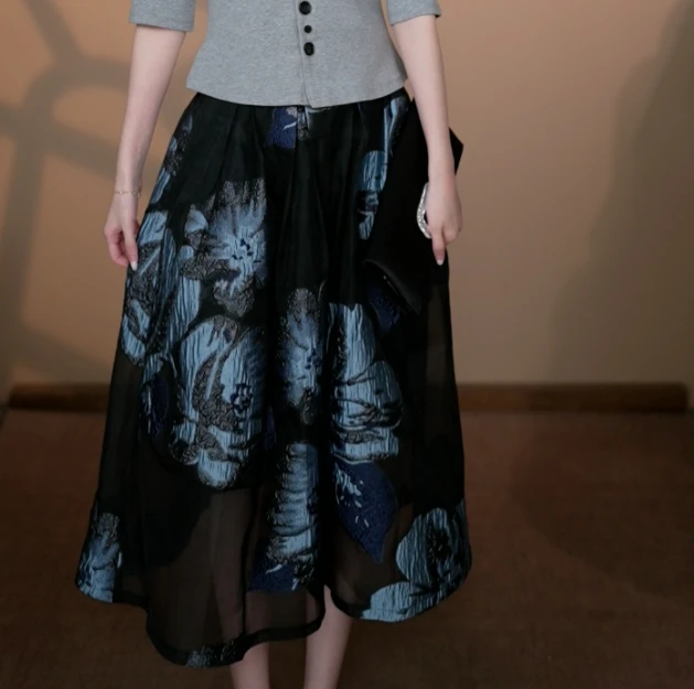 小井定制私服【晚意】新款黑底蓝色写意花半身裙J25W209