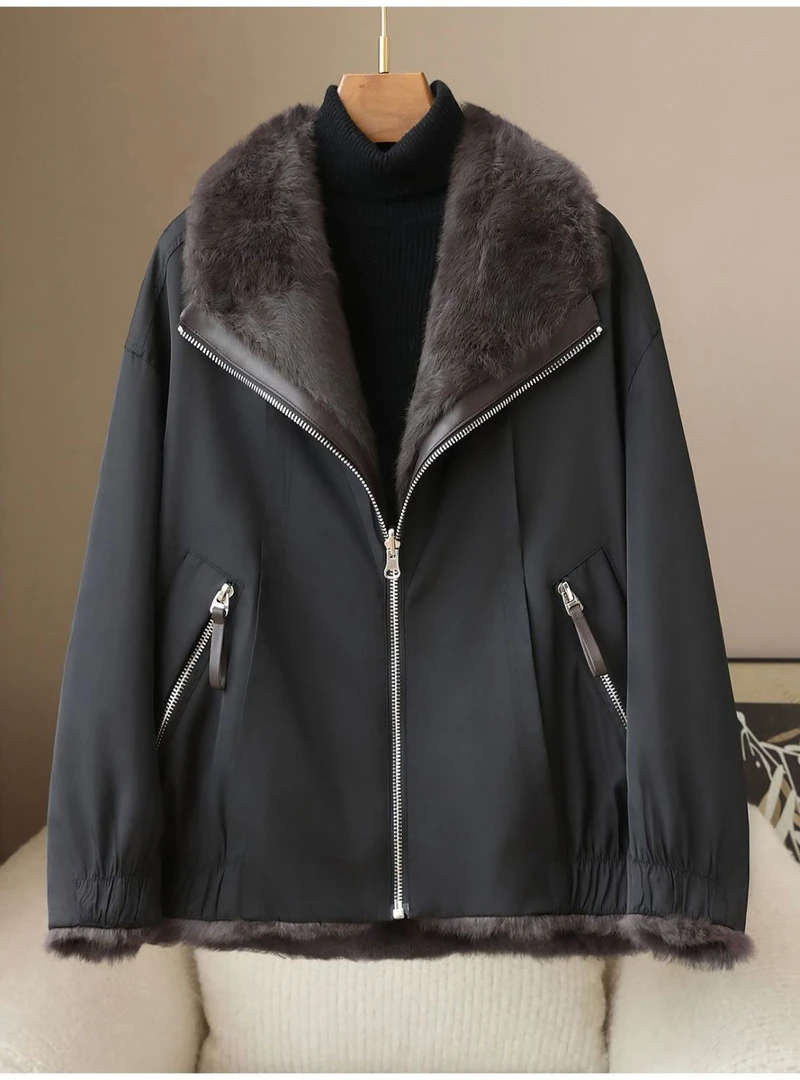 双面穿兔毛内胆尼克服保暖外套