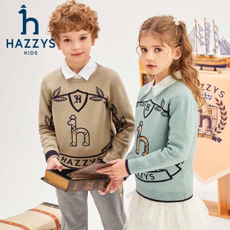Hazzys/哈吉斯品牌童装男女童线衣套头针织衫圆领冬季时尚秋冬