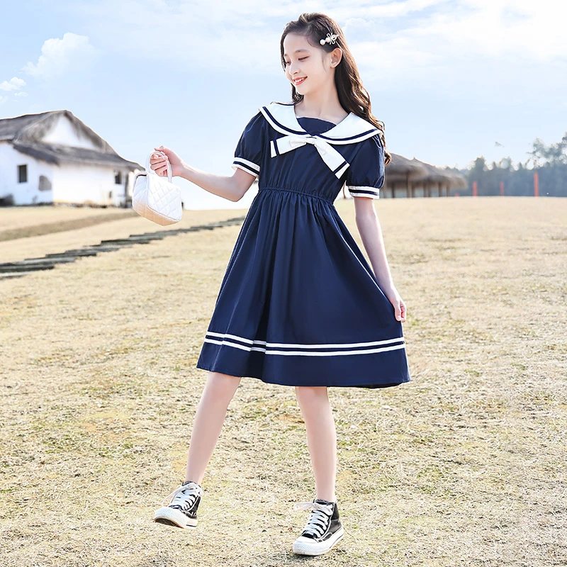 女童夏季学院风连衣裙女孩小学生中学生洋气韩版海军领连衣裙6-16