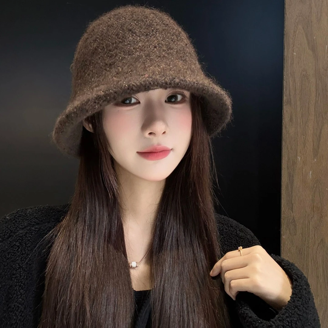 秋冬季亮片针织渔夫帽保暖女韩版复古时尚盆帽日系简约护耳水桶帽