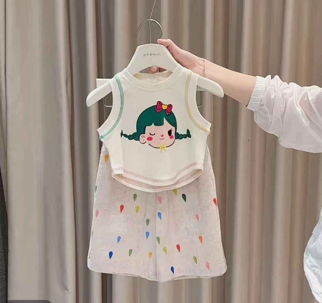 女童背心套装韩系宝宝度假风卡通无袖小雨点直筒裤两件套