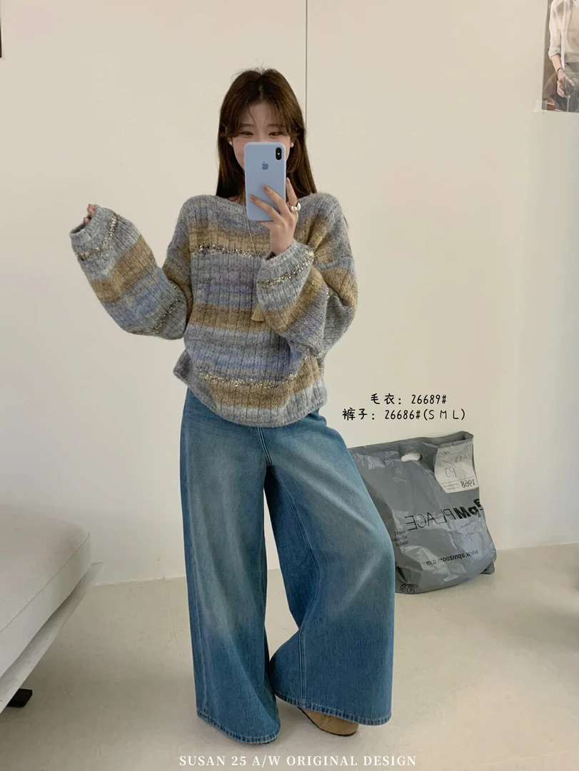 2025 新款扎染彩条外搭套头慵懒毛衣秋冬季新款百搭上衣女