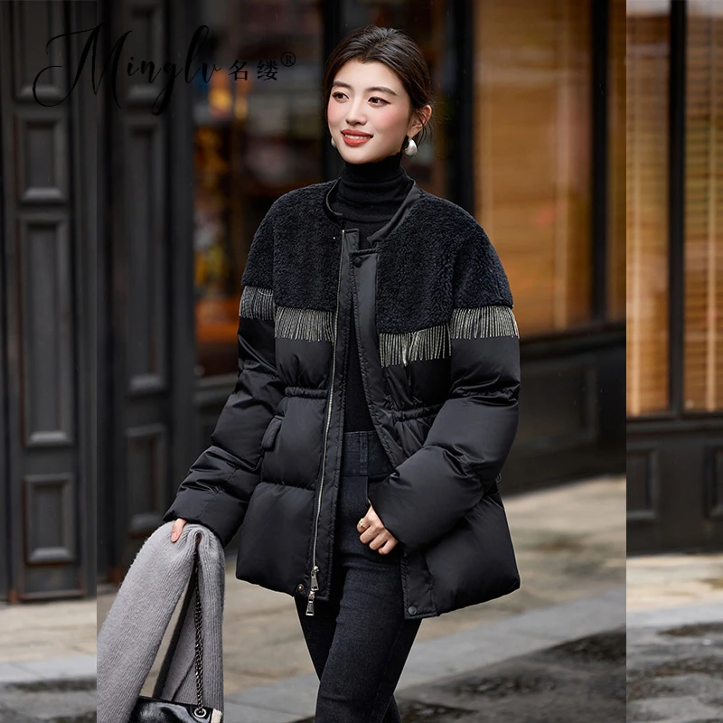 名缕女装时尚高级感复古千金羽绒服2025冬季新款高级感流苏外套女