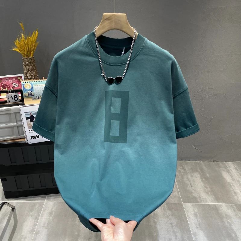 2025夏季新款男士纯棉短袖印花T恤水洗做旧磨边宽松上衣潮流百搭