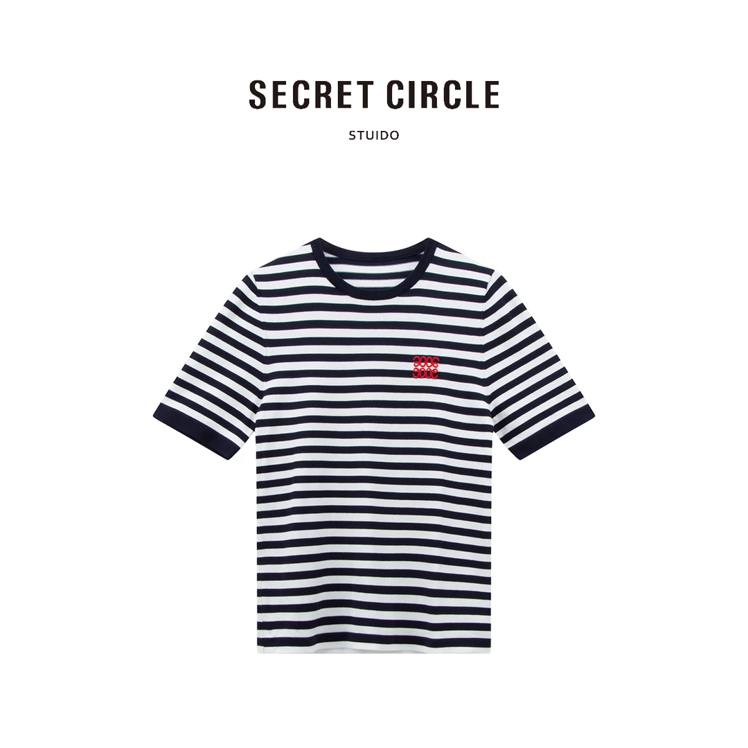 SECRET CIRCLE·秘社 条纹撞色短袖针织衫圆领上衣 B0823