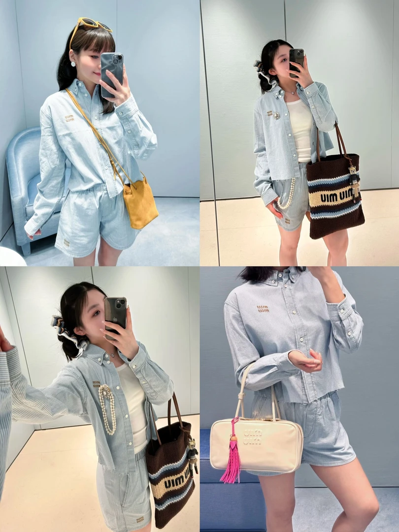 「8538」慵懒随性 字母刺绣明线蓝细竖条纹宽松休闲松紧腰短裤