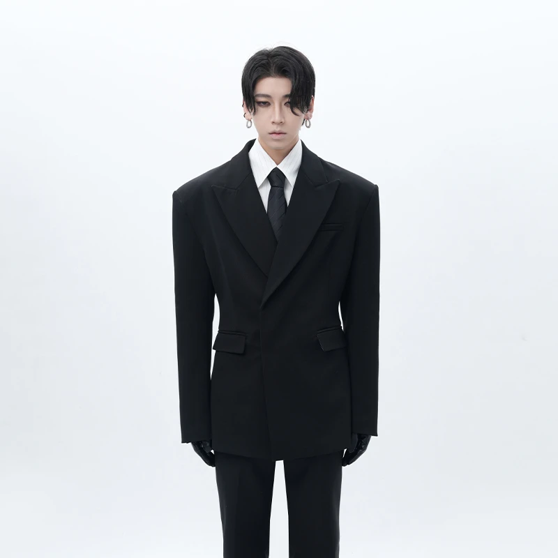 HARH“哥谭夜话2.0”原创灰内收腰双排扣戗驳领廓形休闲西装外套