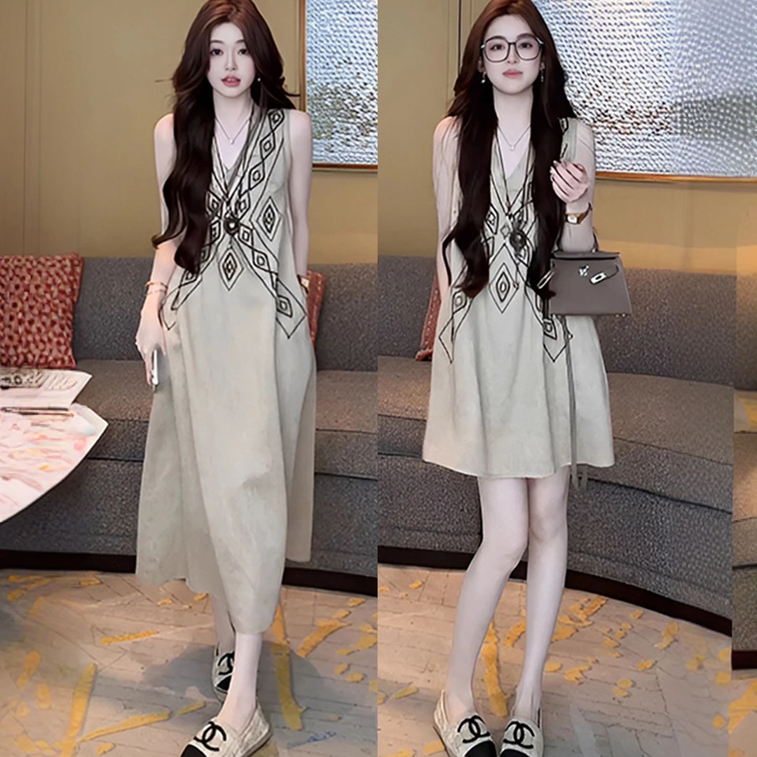 【有内衬、口袋】新款时尚无袖V领宽松纯色法式背心洋气质减龄连衣裙