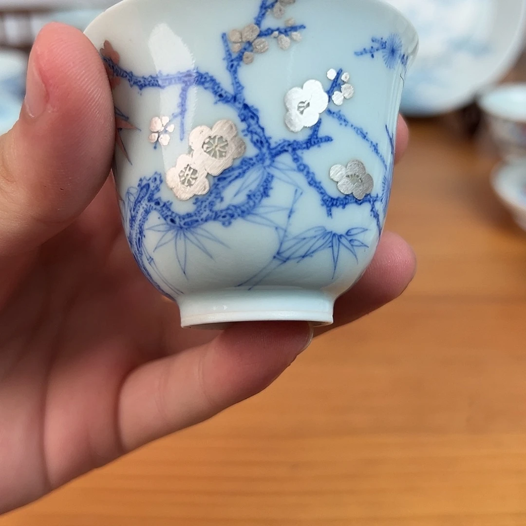 青花描银松竹梅铃铛杯