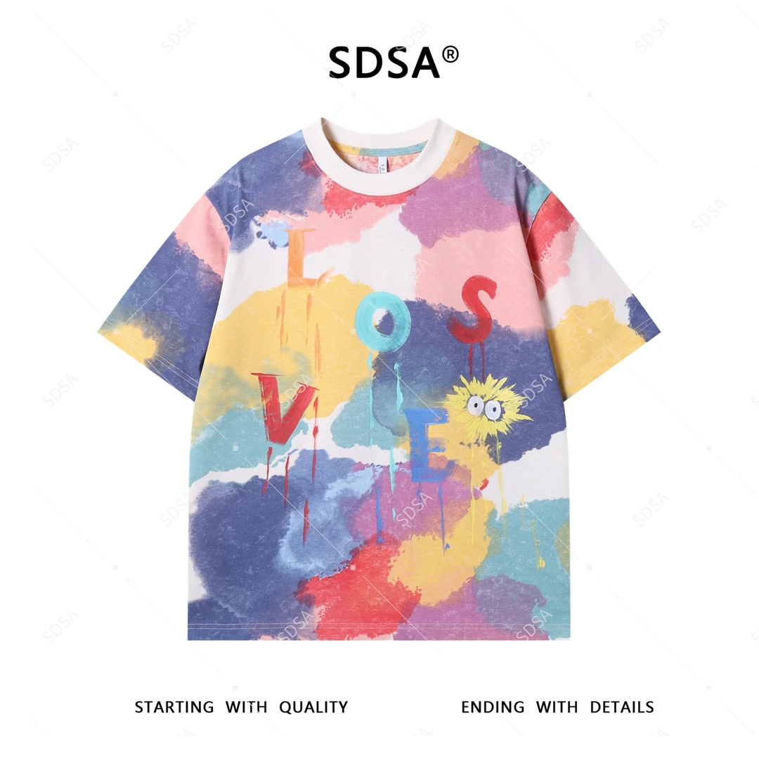 SDSA夏季新款男士痞帅美式撞色手绘字母圆领短袖T恤小众设计上衣
