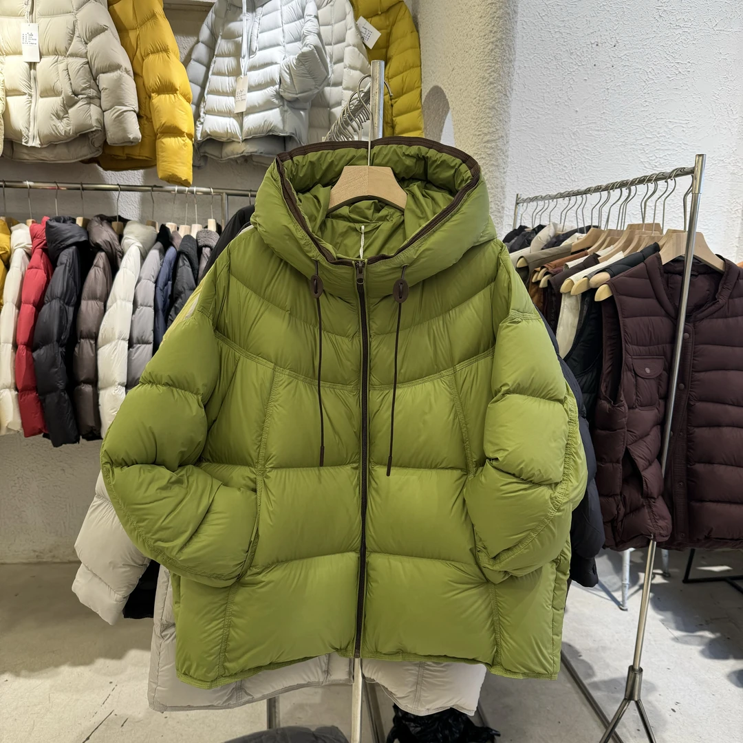 欧货泡芙连帽羽绒服女2025冬季新款时尚撞色休闲龟背绿色加厚外套