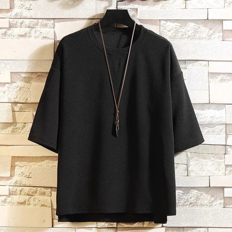 仓石一树夏季纯色七分袖t恤衫男士帅气宽松运动上衣潮流休闲男装