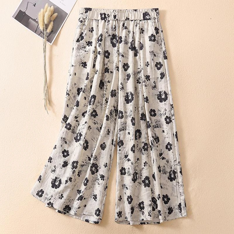 高端亚麻印花直筒裤女夏季薄款2025高腰新款小个子八分阔腿裤裙裤