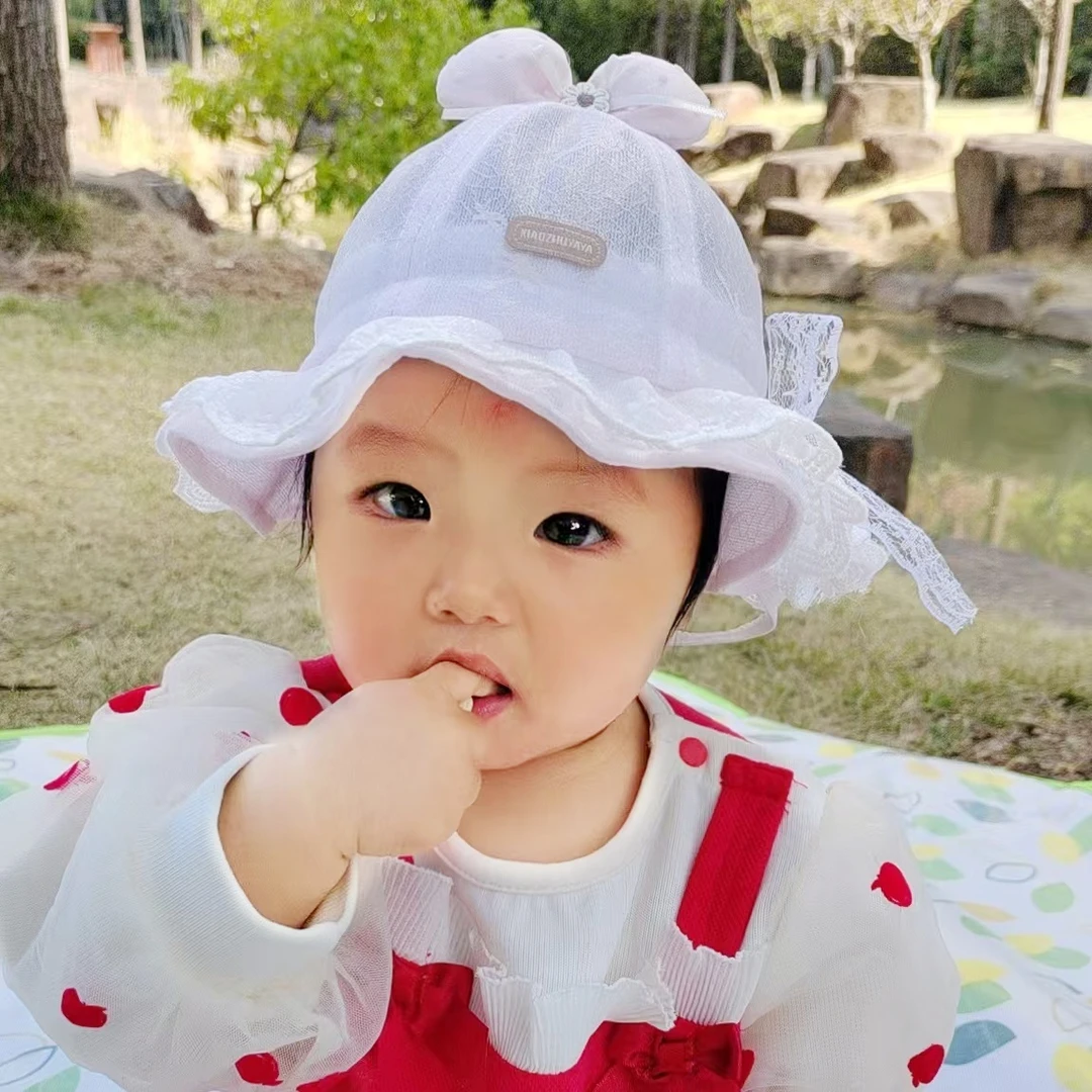 婴儿帽子薄款透气遮阳帽盆帽夏季可爱公主蕾丝渔夫帽可调节