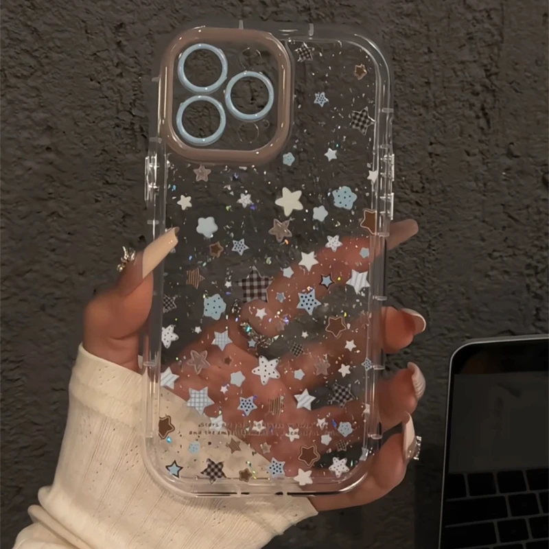 适用16pro苹果闪粉奶油手机壳iPhone15蓝棕配色多巴胺小星星新款