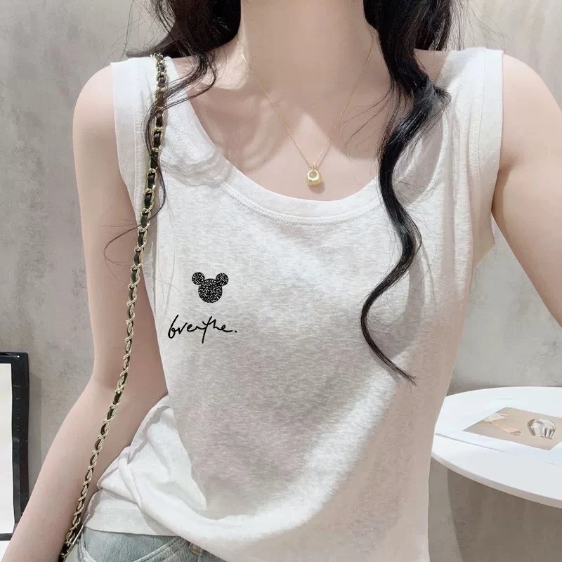 清凉透气打底背心无袖女白色印花宽松遮肉U领内搭广州十三行女T恤