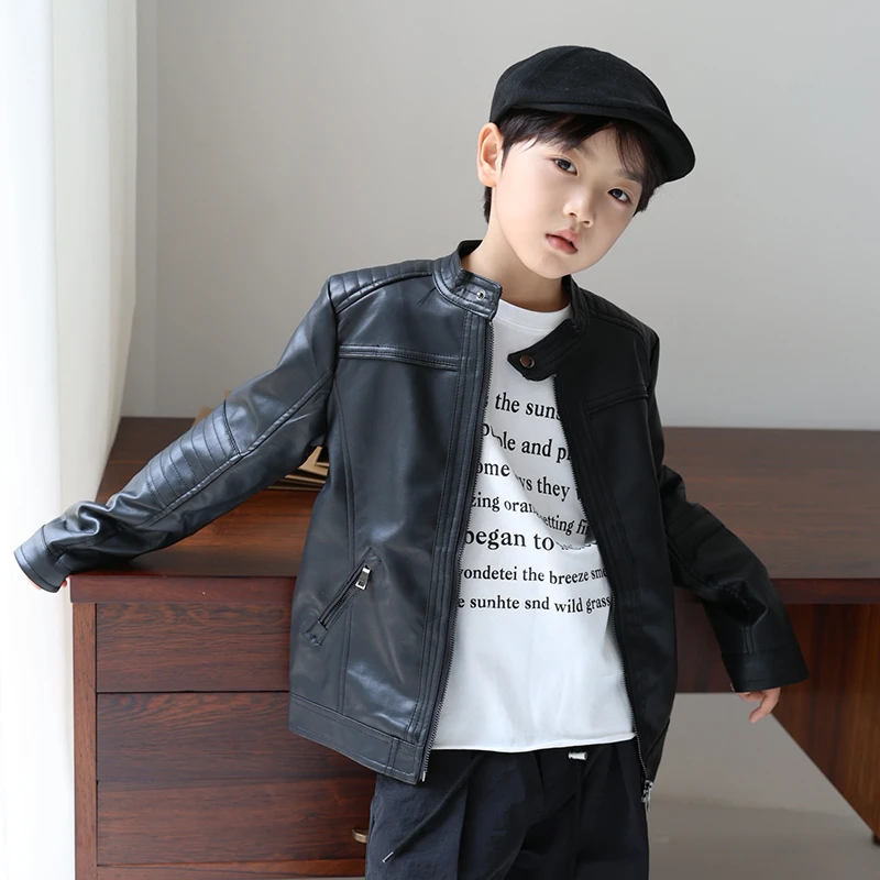 2025春季机车风新款中大童潮流拉链外套儿童皮衣百搭防风保暖帅气