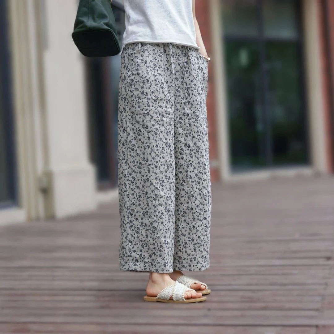 【小花花】诺曼底亚麻雨露麻印花文艺清凉休闲九分直筒裤2573