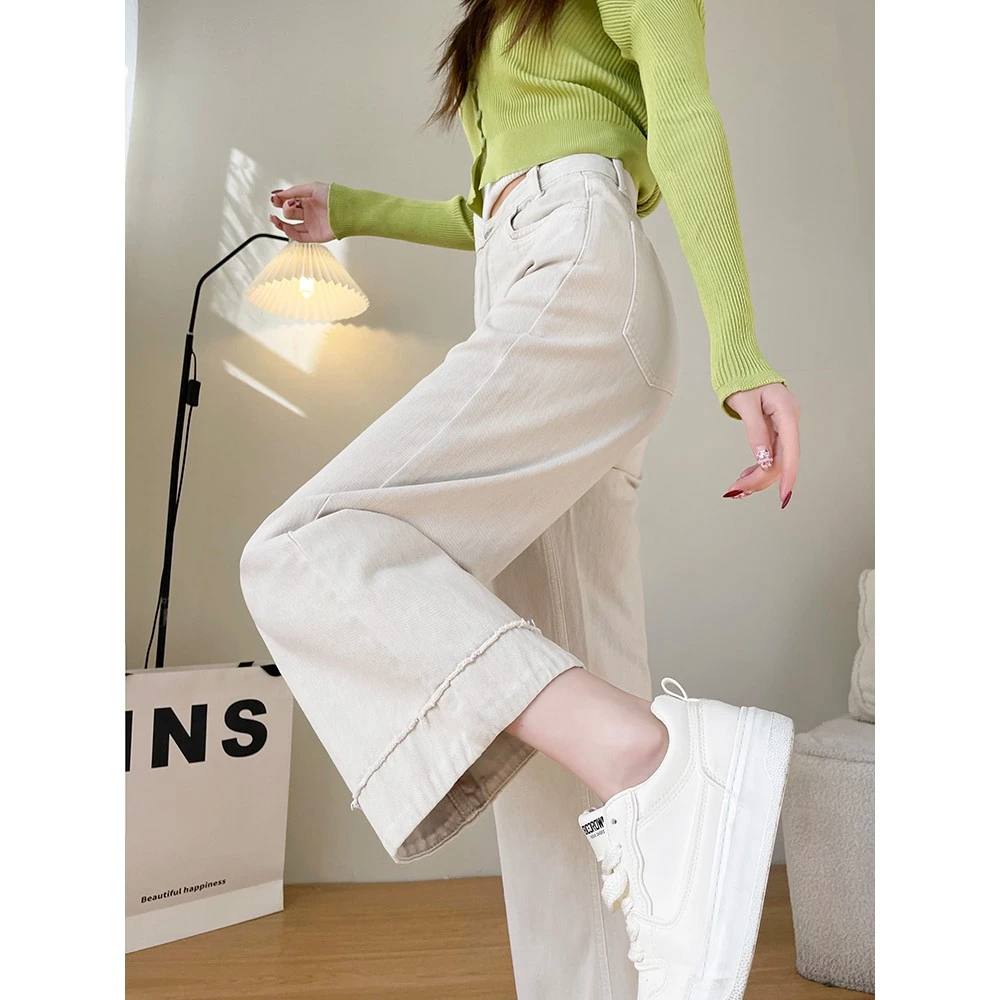 梦冷米白牛仔裤女宽松春季2025年新款翻边小个子九分直筒阔腿裤子