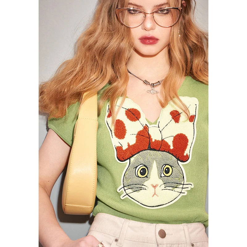 【毛毛】妖精的口袋猫咪恋爱了植绒猫咪印花V领针织衫女