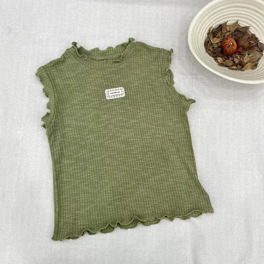 〖姐姐家〗25夏款儿童绿色胸口贴标刺绣背心娃娃衫短袖衬衫bt348