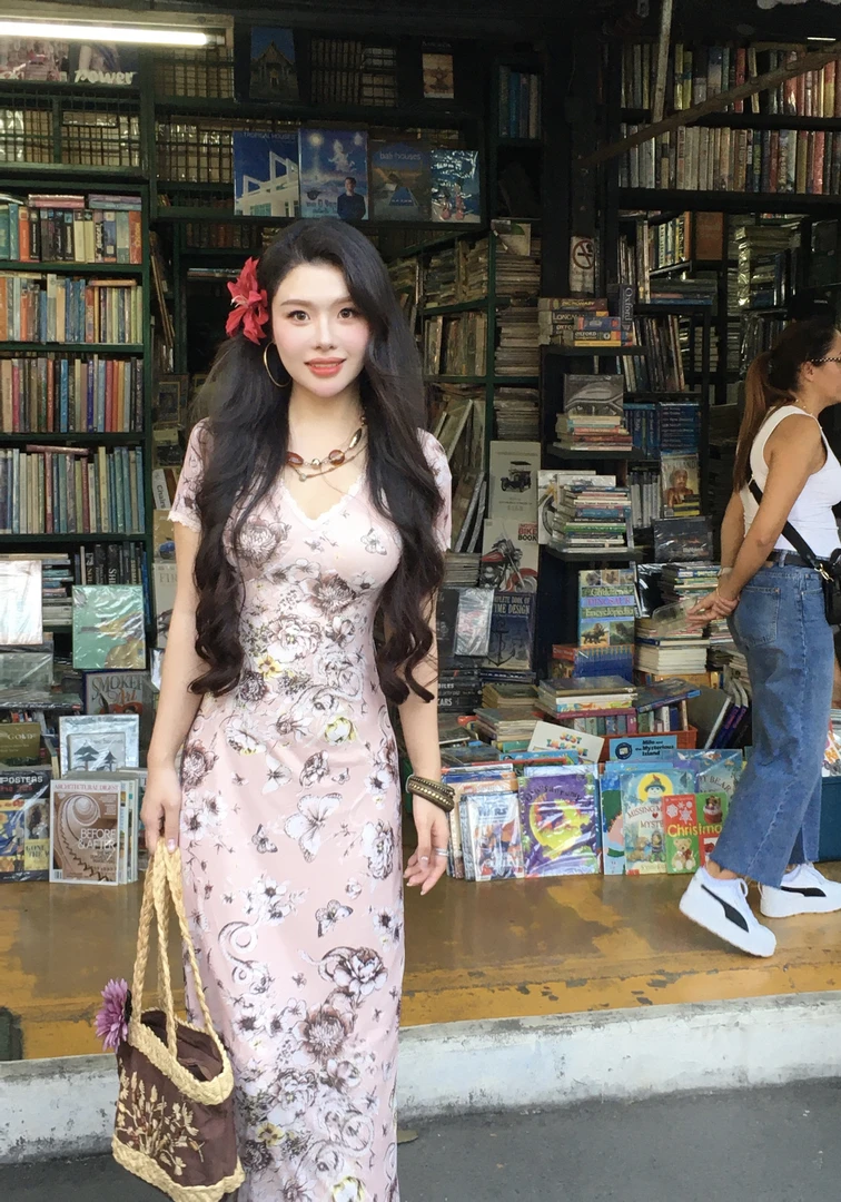 《灵蛇》2025春夏款气质女复古印花弹力网连衣裙长裙M10