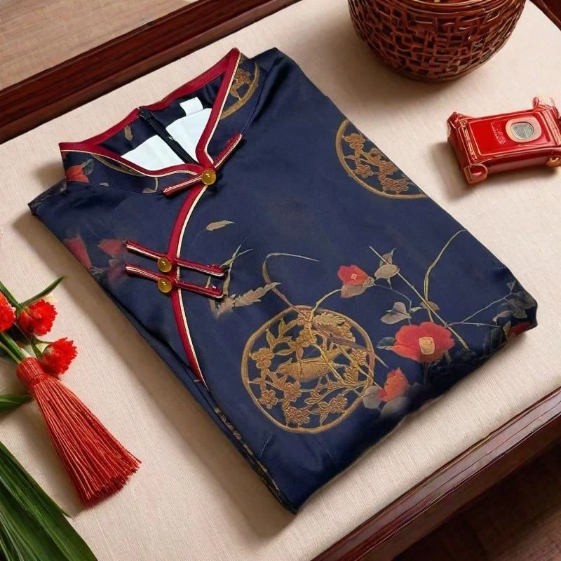 苏州高端【福来】中式旗袍裙中国风低开衩旗袍双层印花春日慢人风