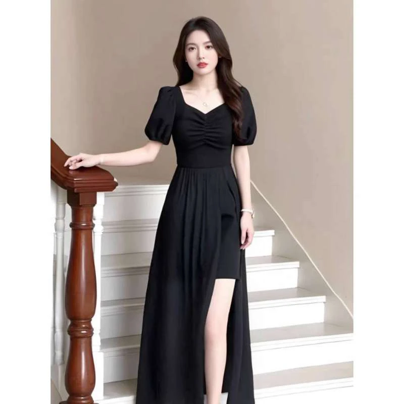 丹姐大码女装元半袖纱裙法式连衣裙气质收腰显瘦开叉设计长裙女夏