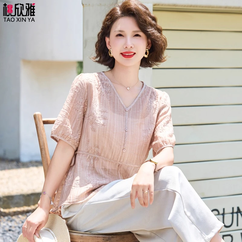 气质妈妈夏装套装雪纺小衫2025新款40岁50中老年女装夏季短袖上衣