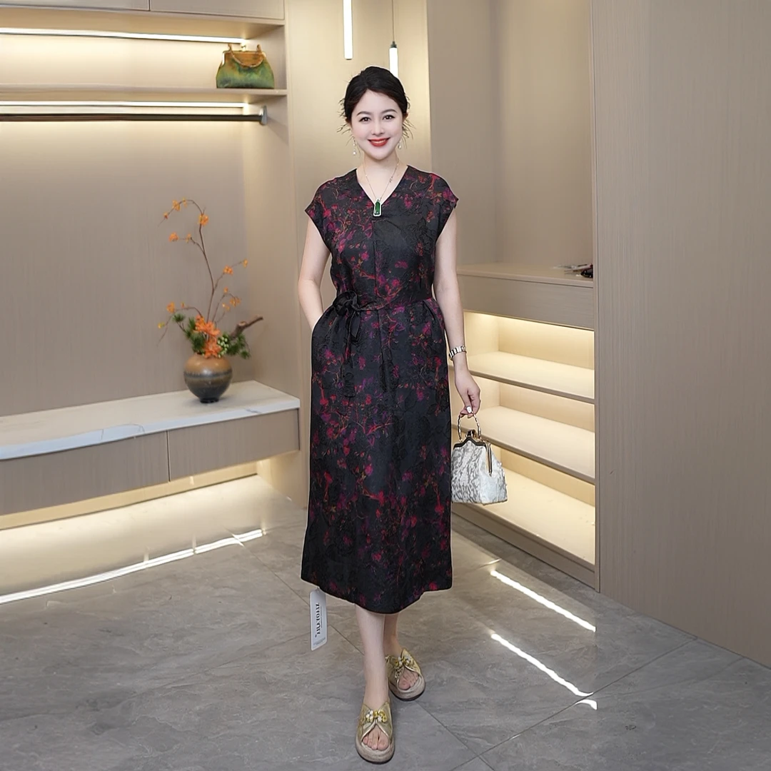 喜事登梅新中式新款百搭不褪色短袖老料花萝提花连衣裙女士中长款