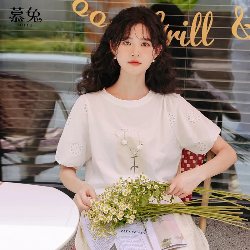 【小铃铛】TU12774小个子法式镂空泡泡袖上衣夏季设计感小众短袖t恤