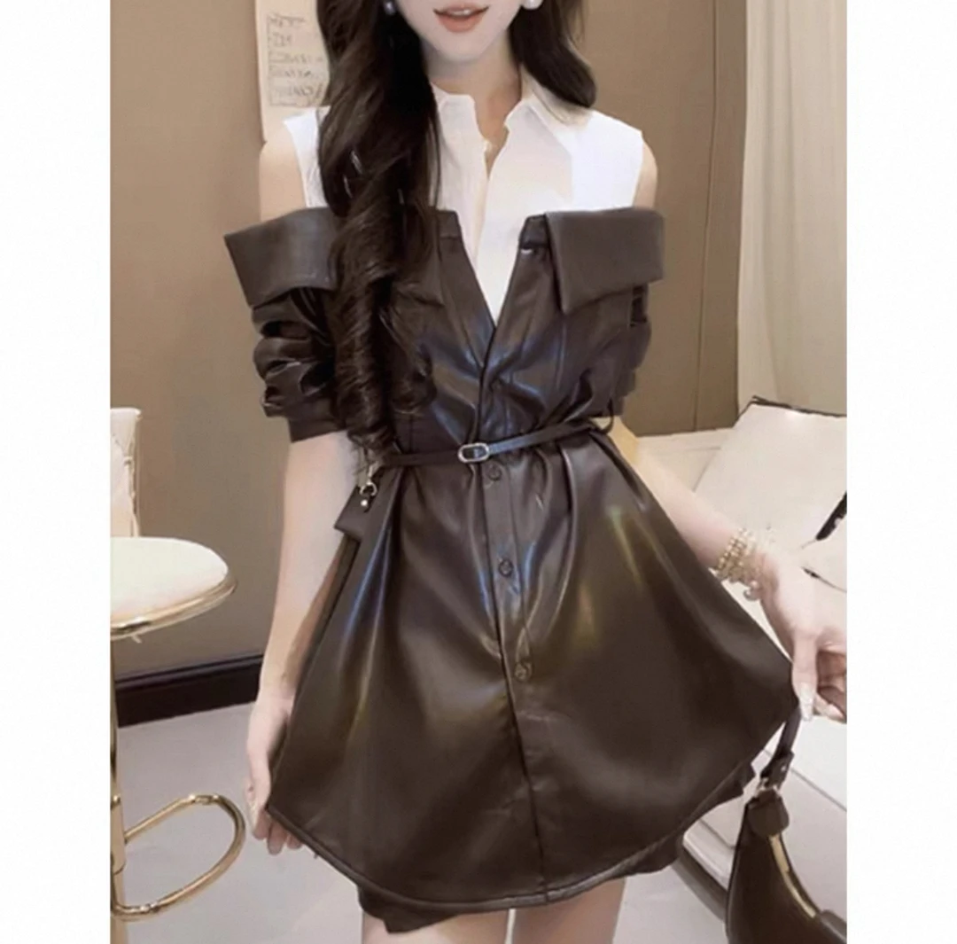 韩系早秋穿搭套装女2025新款假两件露肩长袖衬衫休闲短裙子两件套