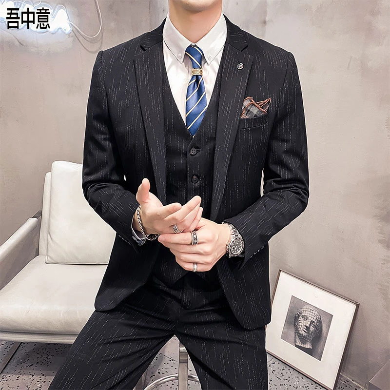 高级感条纹西服男套装三件套修身商务休闲时尚百搭宴会结婚西装男