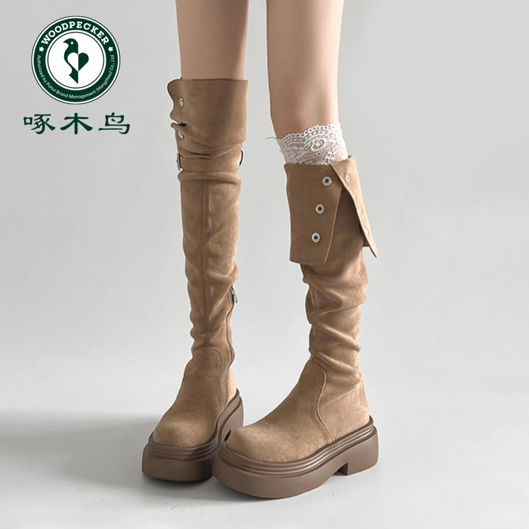 啄木鸟厚底粗跟过膝长靴女复古弹力绒面瘦瘦靴小个子堆堆靴骑士靴