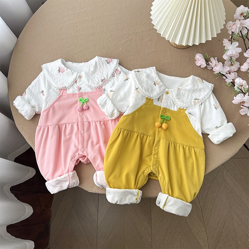 婴幼儿春秋装女宝宝草莓圆翻领加里连体哈衣超萌公主哈衣外出爬服