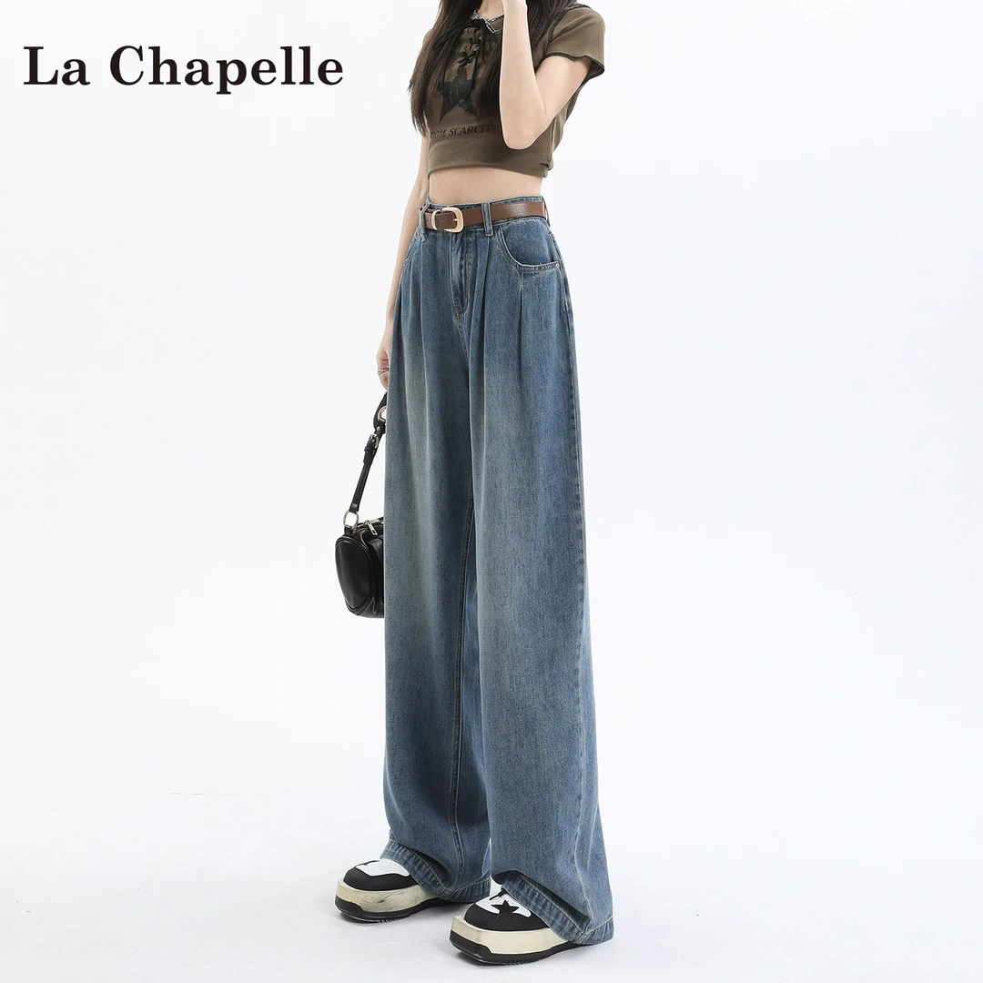 拉夏贝尔复古蓝直筒牛仔裤女2025夏季新款小个子高腰宽松阔腿裤子
