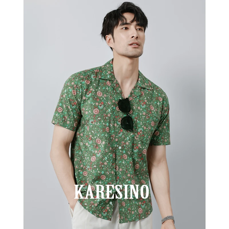 KARESINO夏季新款纯棉男士度假休闲时尚古巴领碎花衬衫男短袖男潮