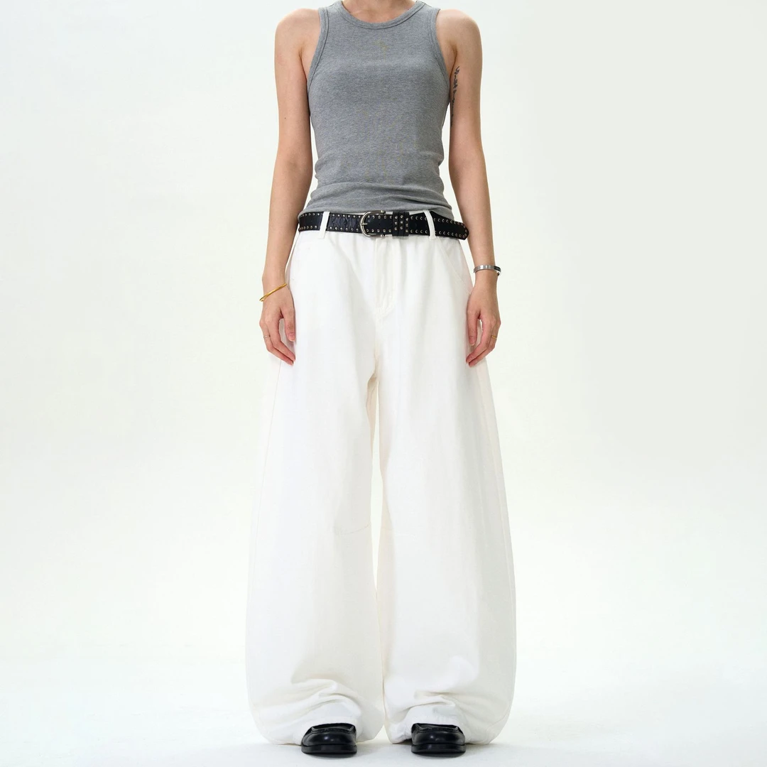 美式简约廓形白色弯刀牛仔裤男女新款宽松休闲cleanfit百搭裤子潮