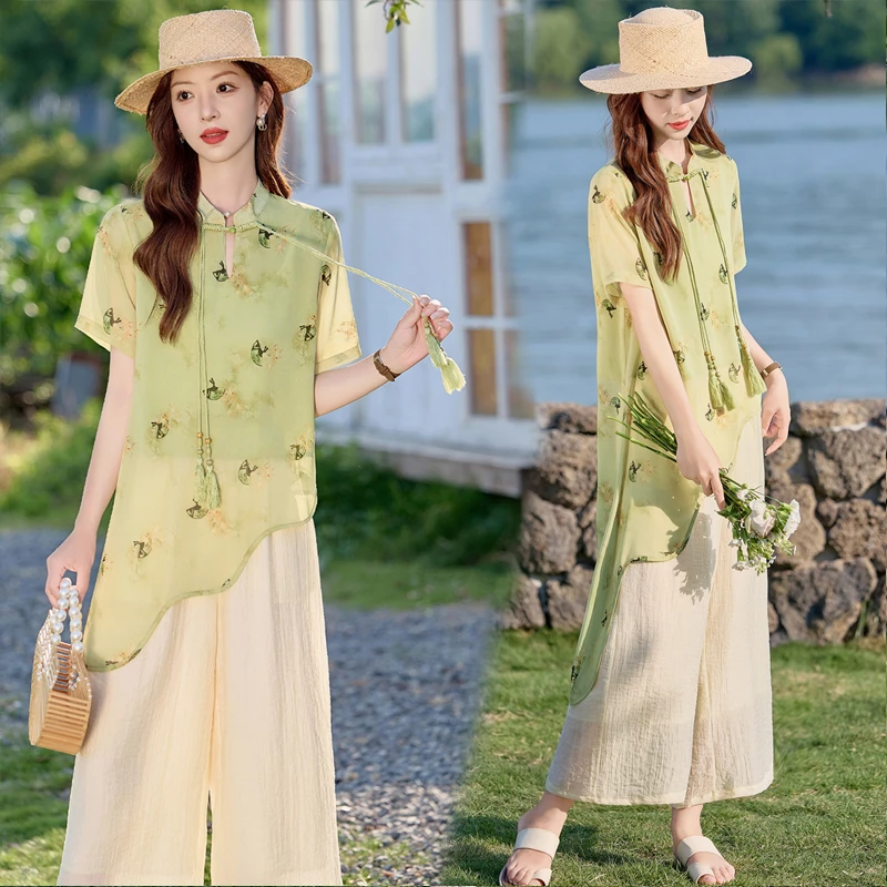 新中式国风立领印花套装女2025夏季新款复古盘扣气质阔腿裤两件套