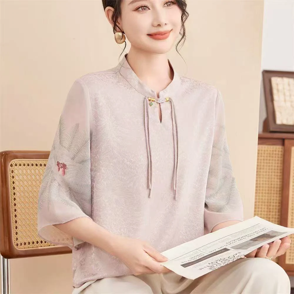 格纹圆领长裙喇叭袖中老年女装百搭t恤时尚中式中国风宽松上衣
